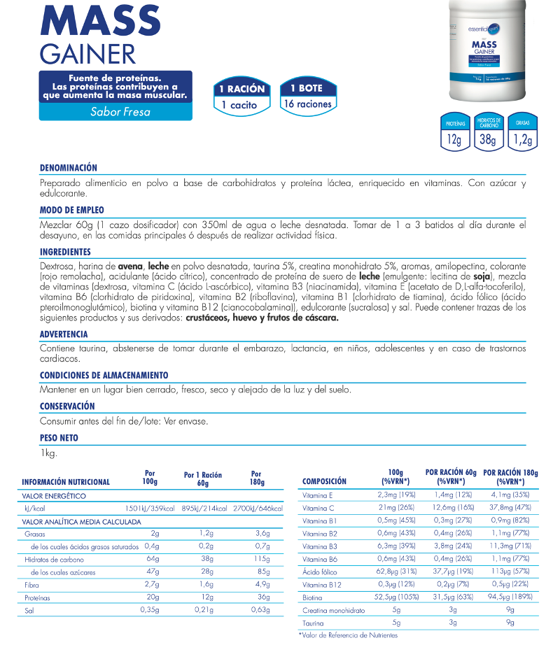 MASS GAINER COMPLEX Con VITAMINAS, TAURINA y CREATINA MONOHIDRATO 1Kg | 16 raciones- Sabor Fresa