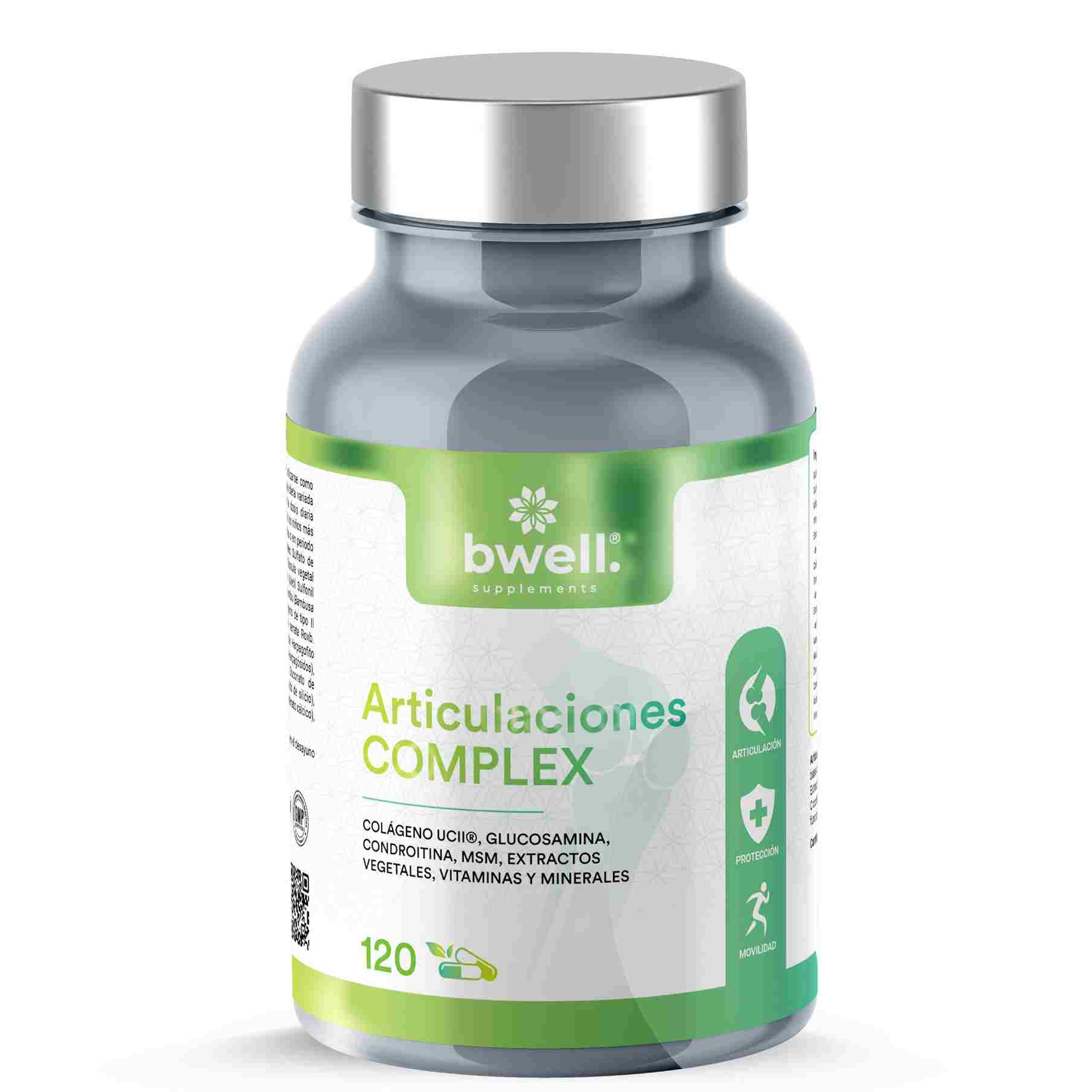 Bwell Supplements Articulaciones Complex con colágeno UC-II, glucosamina, condroitina y MSM, frasco de 120 cápsulas vegetales