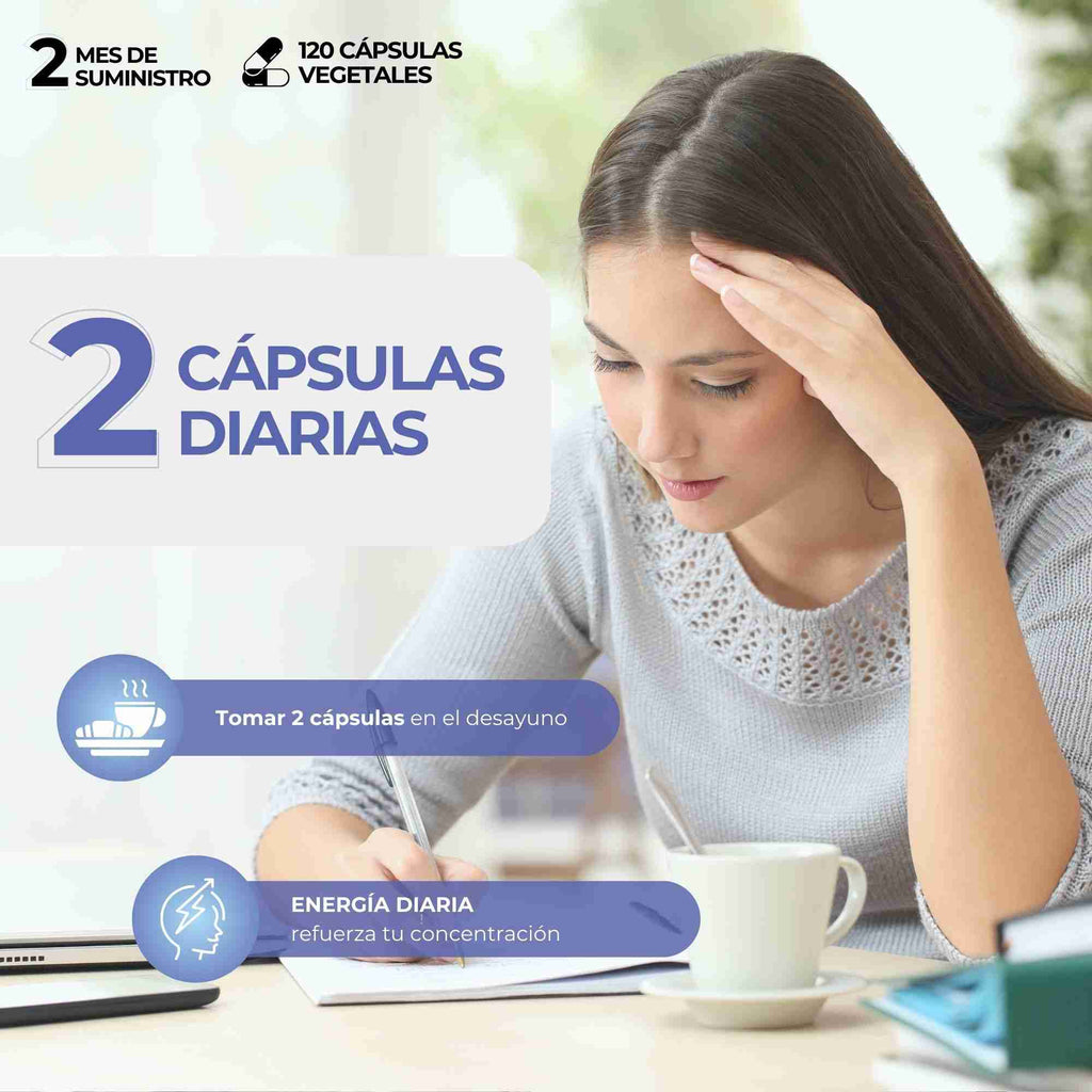 Concentración y Memoria | Guaraná 100mg & Ginseng 50mg + L-Tirosina 500mg - 120 cápsulas