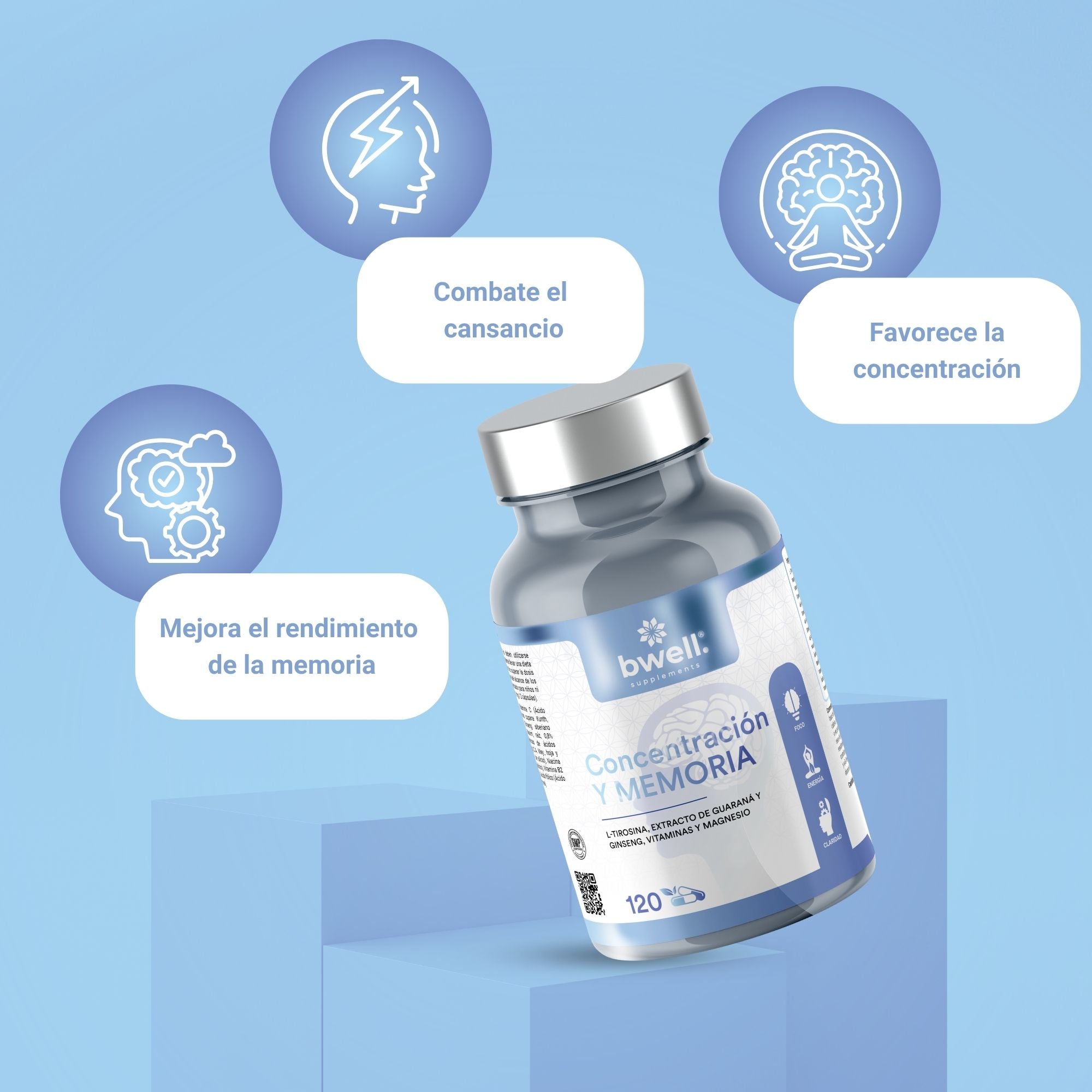 Concentración y Memoria | Guaraná 100mg & Ginseng 50mg + L-Tirosina 500mg - 120 cápsulas