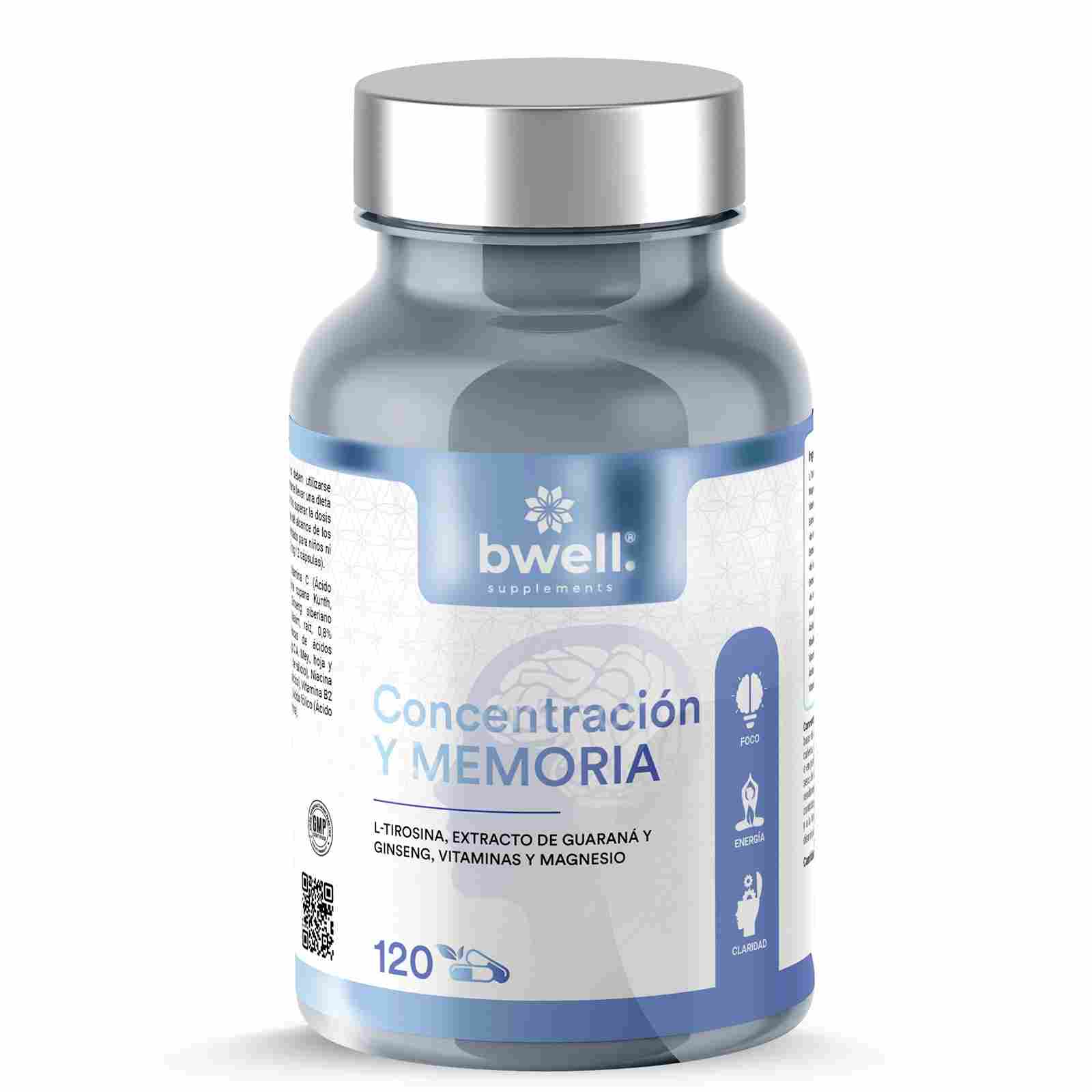 Bwell Supplements Concentración y Memoria con L-tirosina, guaraná, ginseng, vitaminas y magnesio, frasco de 120 cápsulas vegetales