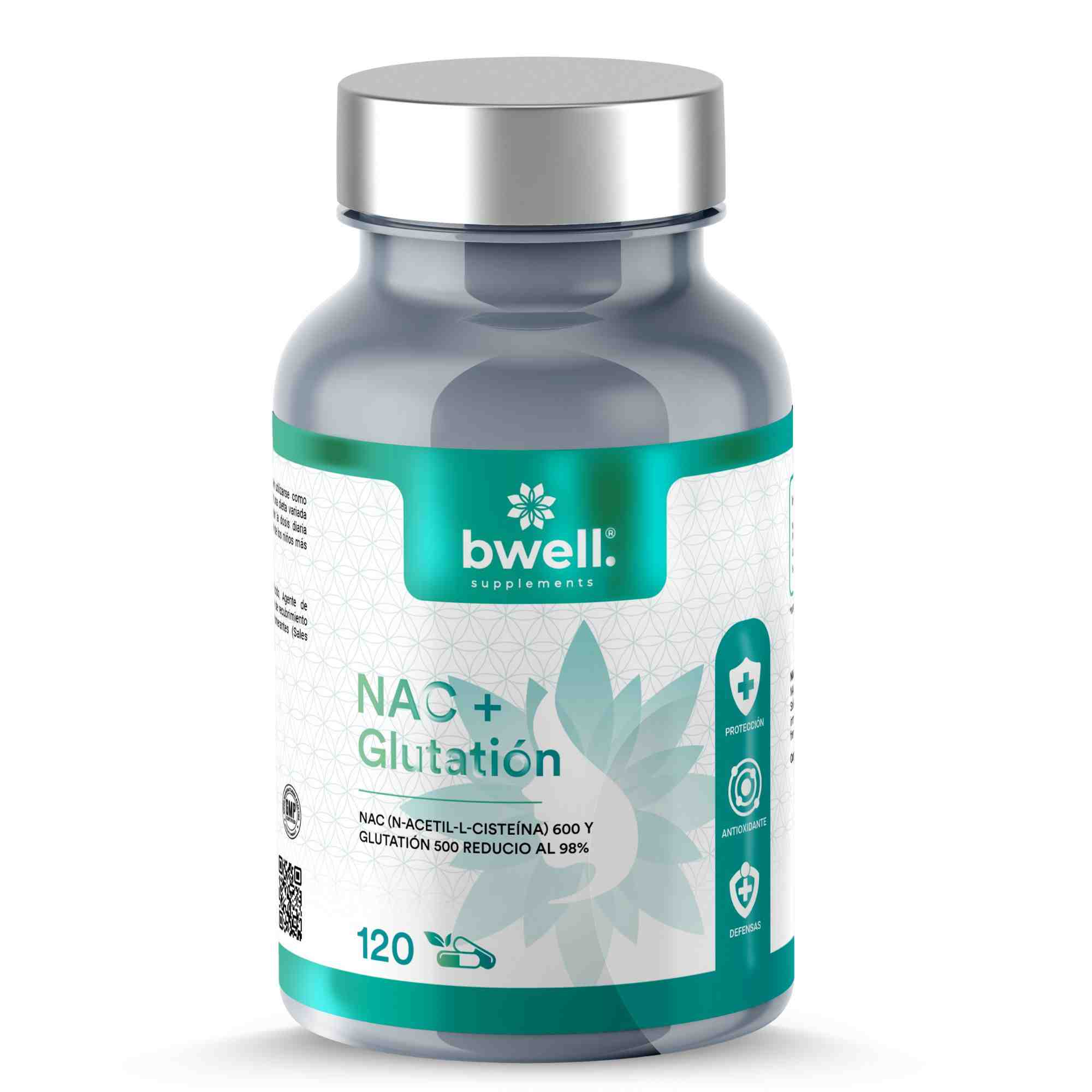 Bwell Supplements NAC + Glutatión con N-acetilcisteína y glutatión reducido, frasco de 120 cápsulas vegetales