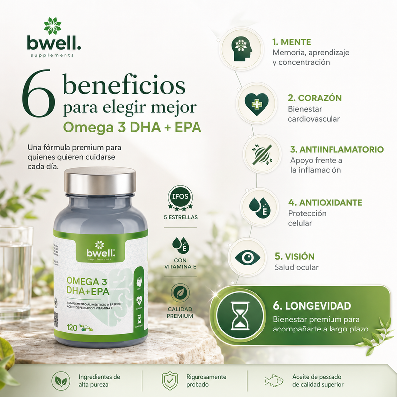 Cápsulas de Omega 3 Complex (DHA y EPA 1500mg) + Vitamina E (Certificado IFOS 5 Estrellas) - 120 cápsulas
