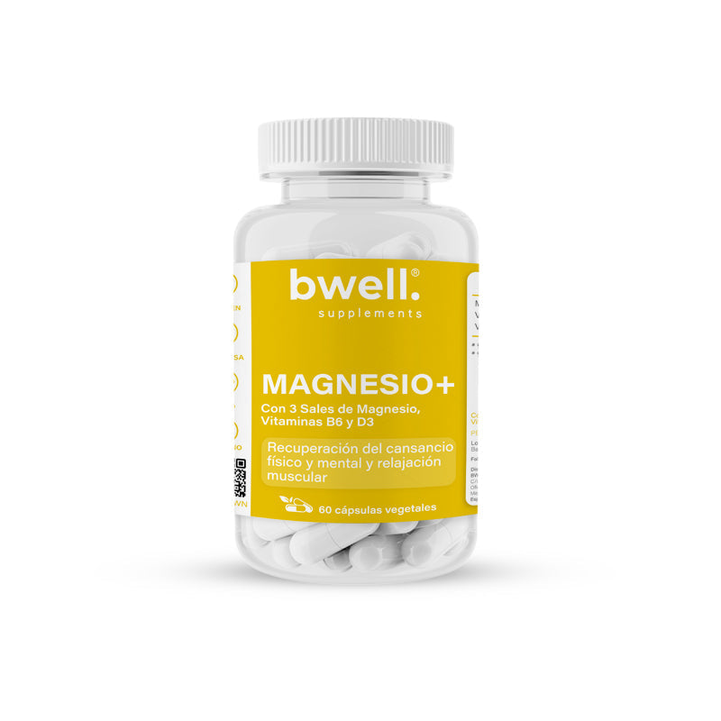 "Suplemento Bwell Magnesio+ con 3 sales de magnesio, vitaminas B6 y D3. Envase de 60 cápsulas vegetales para la recuperación del cansancio físico y mental y apoyo a la relajación muscular."