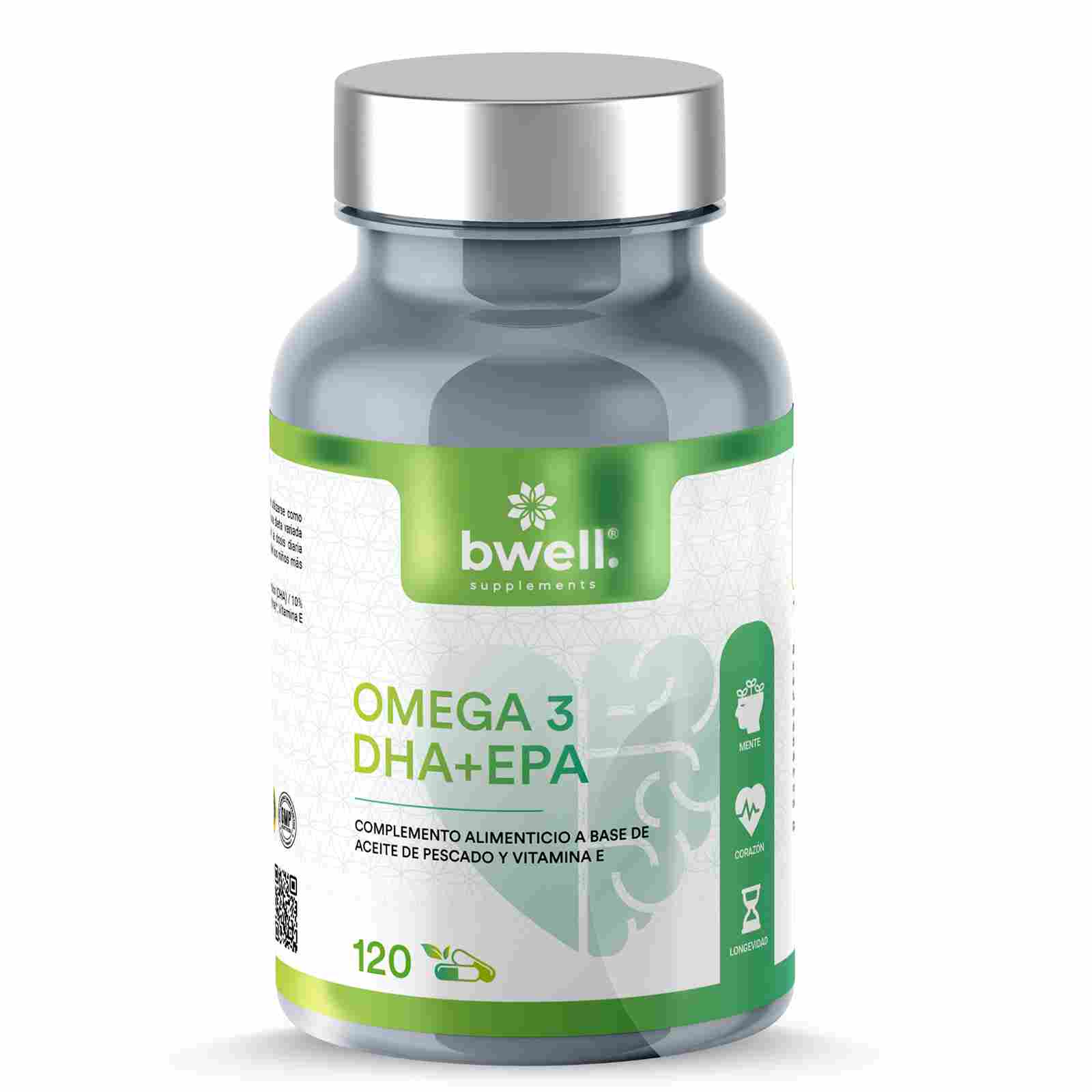 Bwell Supplements Omega 3 DHA + EPA con aceite de pescado y vitamina E, frasco de 120 cápsulas vegetales
