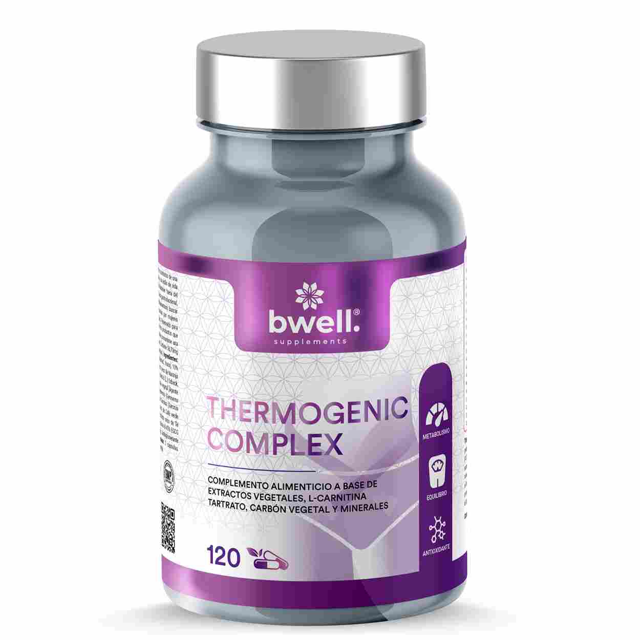 Bwell Supplements Thermogenic Complex con extractos vegetales, L-carnitina y carbón vegetal, frasco de 120 cápsulas vegetales