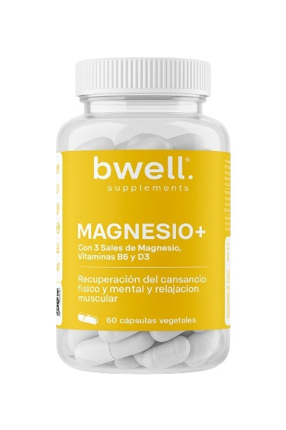 Bwell Supplements Magnesio Plus con tres sales de magnesio, vitaminas B6 y D3, frasco de 60 cápsulas vegetales