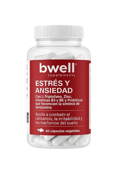 Bwell Supplements Estrés y Ansiedad con triptófano, zinc, probióticos y vitaminas B3 y B6, frasco de 60 cápsulas vegetales