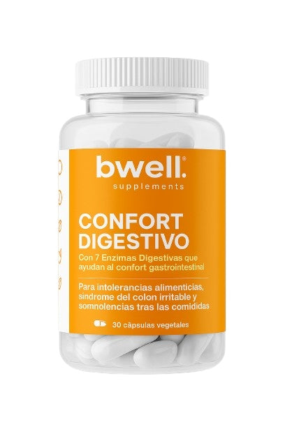 Bwell Supplements Confort Digestivo con 7 enzimas digestivas para intolerancias alimenticias y salud gastrointestinal, frasco de 30 cápsulas vegetales