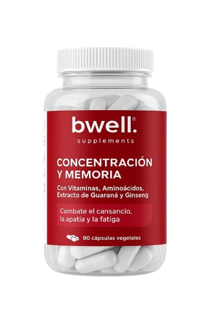 Bwell Supplements Concentración y Memoria con guaraná, ginseng, vitaminas y aminoácidos, frasco de 90 cápsulas vegetales