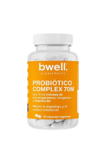Bwell Supplements Probiótico Complex 70M con 70 mil millones de microorganismos, manganeso y vitamina B6, frasco de 30 cápsulas vegetales