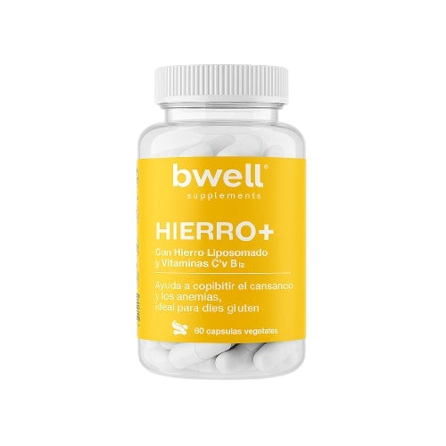 Bwell Supplements Hierro Plus con hierro liposomado, vitaminas C, B9 y B12, frasco de 60 cápsulas vegetales