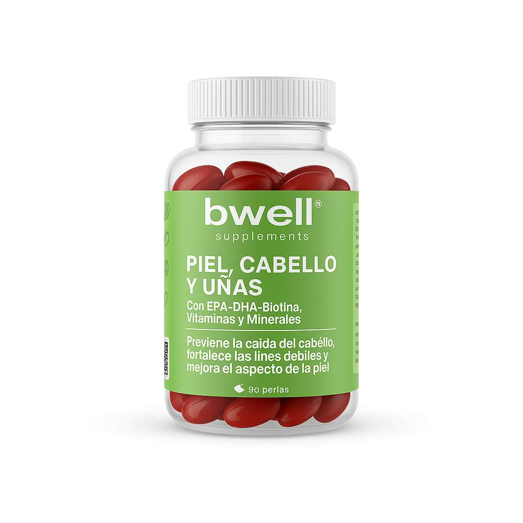 Bwell Supplements Piel Cabello y Uñas con biotina, vitaminas, minerales y Omega 3, frasco de 90 perlas