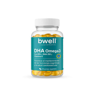 Bwell Supplements DHA Omega 3 con EPA, DHA 250 y vitamina E, frasco de 30 perlas vegetales