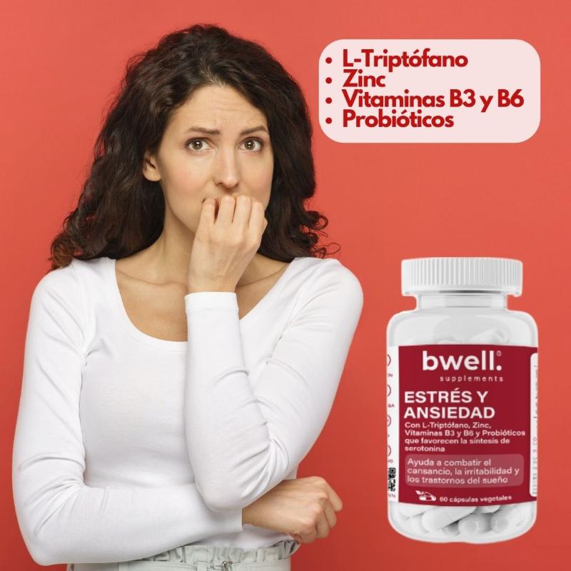 Estrés y Ansiedad Complex | L-Triptófano 500 mg con Vitaminas B3, B6, Zinc y Probióticos – 60 cápsulas