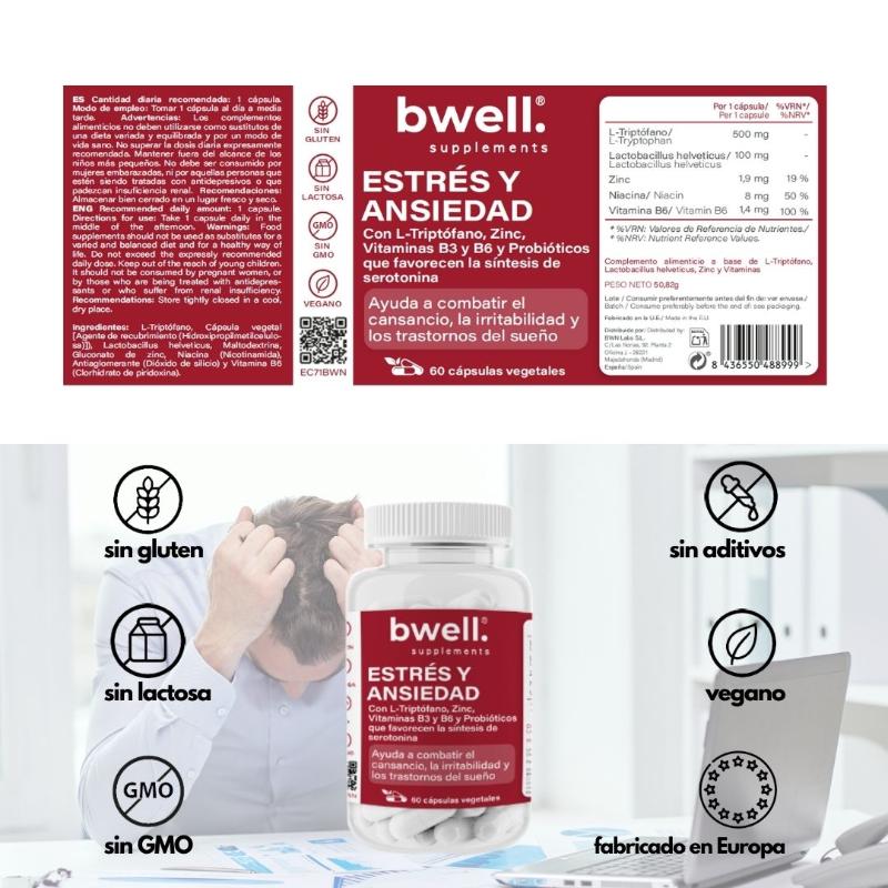 Estrés y Ansiedad Complex | L-Triptófano 500 mg con Vitaminas B3, B6, Zinc y Probióticos – 60 cápsulas