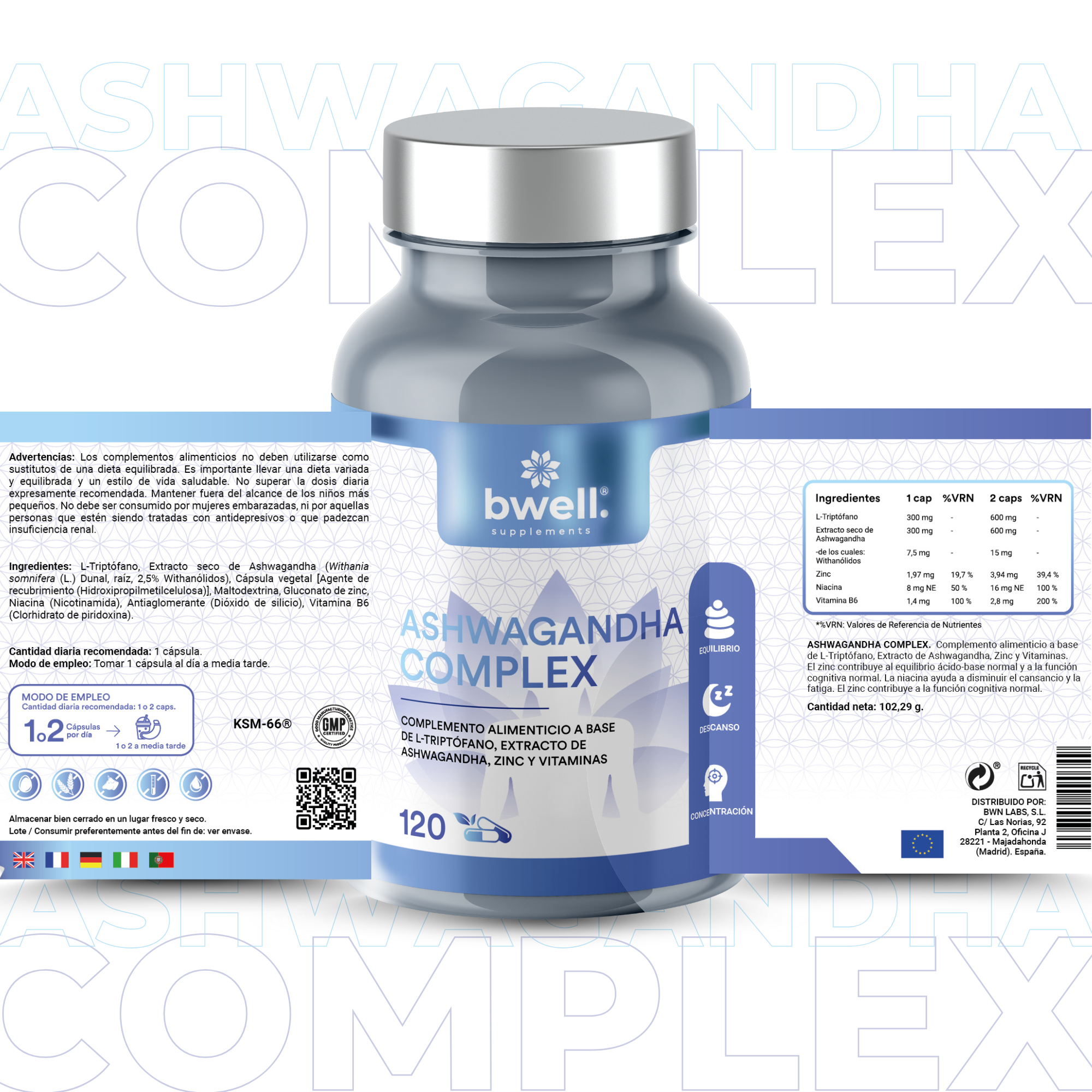 Ashwagandha Complex 600mg + L-Triptófano 600mg, Zinc y B6 (Combate estrés y ansiedad) – 120 cápsulas