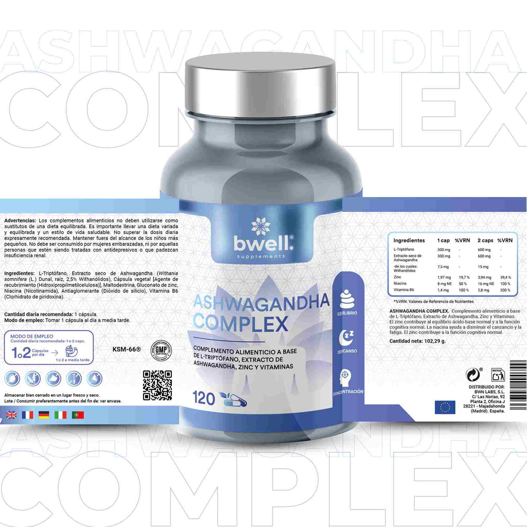 Ashwagandha Complex 600mg + L-Triptófano 600mg, Zinc y B6 (Combate estrés y ansiedad) – 120 cápsulas