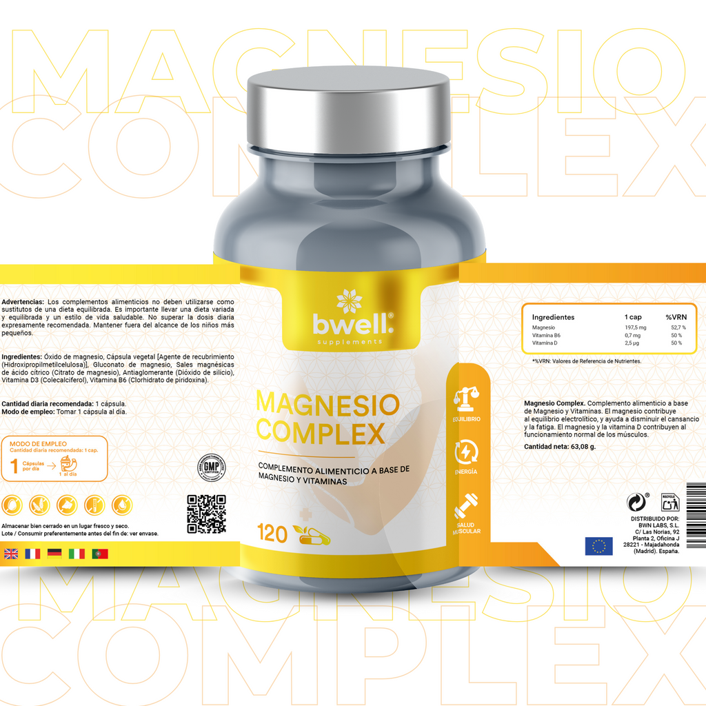 Magnesio Complex 197,5 mg con 3 sales (Marino, Gluconato y Citrato) + Vitaminas B6 y D3 – 120 cápsulas