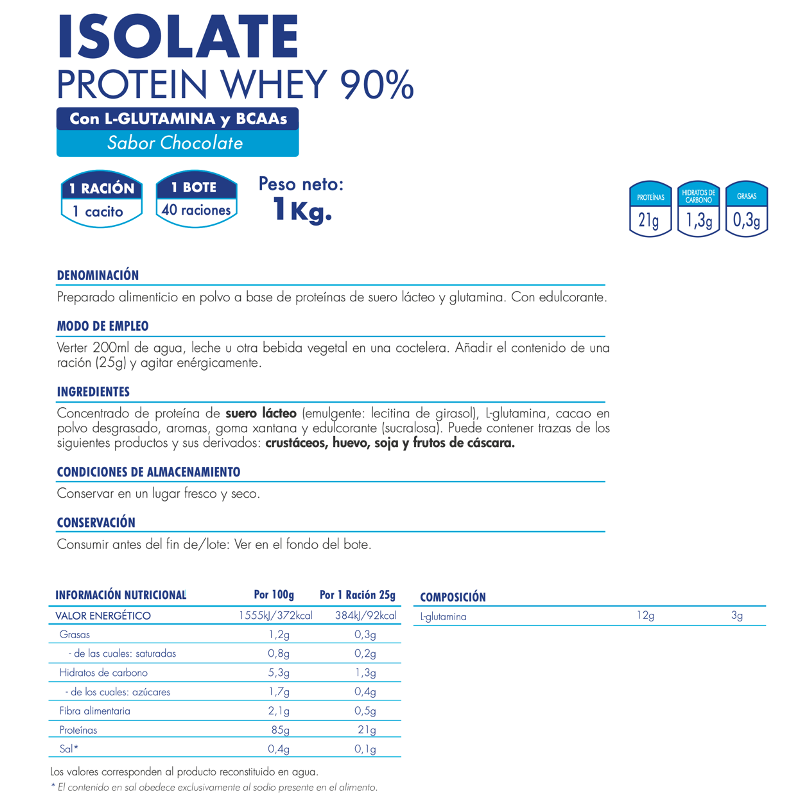 100% WHEY PROTEIN COMPLEX Con  L-Glutamina - Sabor Chocolate 1Kg | 40 raciones