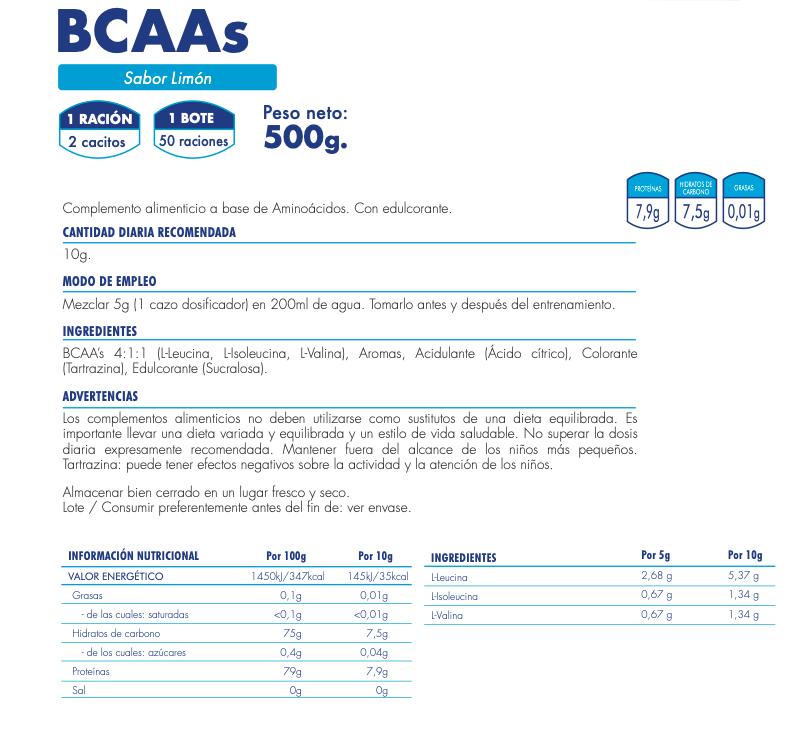 BCAAs 4.1:1 500gr | 50 raciones- SABOR LIMÓN