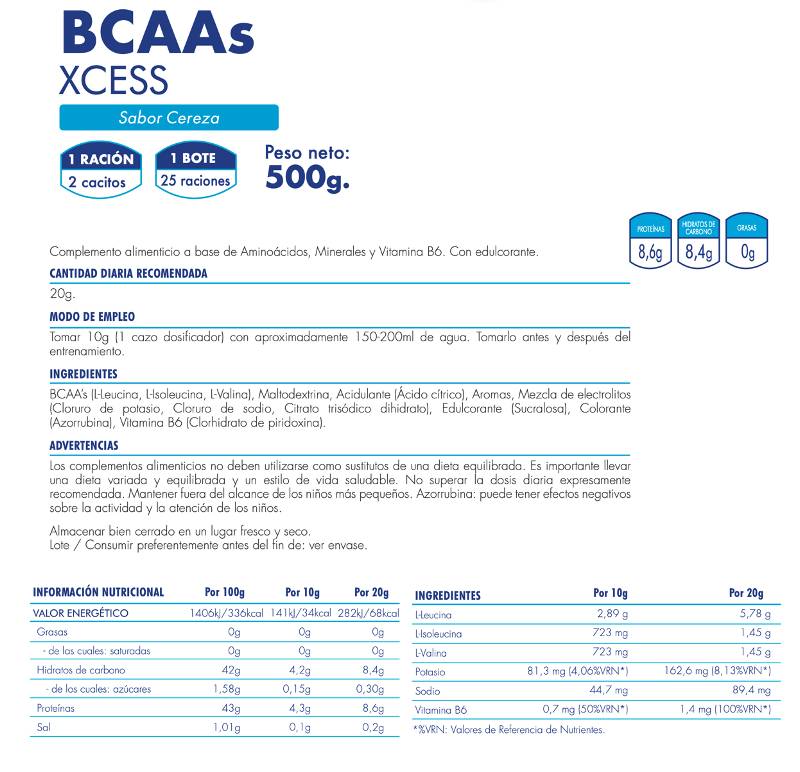 BCAAs XCESS Con VITAMINAS Y MINERALES 500gr | 25 raciones - Sabor Cereza