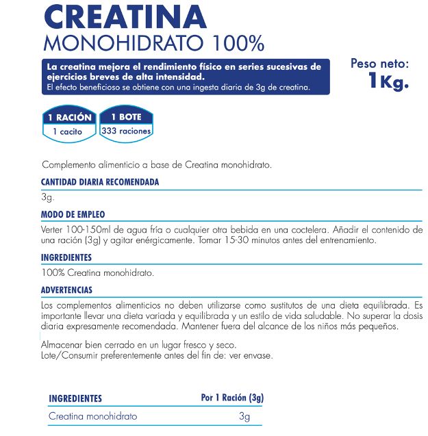 Creatina Monohidrato 100% - 1Kg - 333 servicios