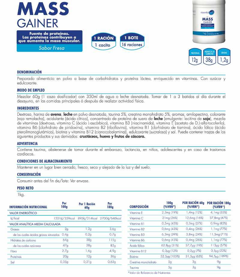 MASS GAINER COMPLEX Con VITAMINAS, TAURINA y CREATINA MONOHIDRATO 1Kg | 16 raciones- Sabor Fresa