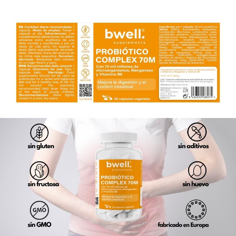 Probiótico Complex 70M con Glutamina, Manganeso y Vitamina B6 (Potente probiotico)– 30 cápsulas