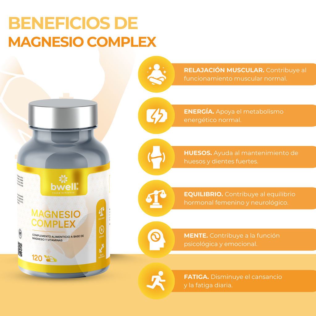 Magnesio Complex 197,5 mg con 3 sales (Marino, Gluconato y Citrato) + Vitaminas B6 y D3 – 120 cápsulas