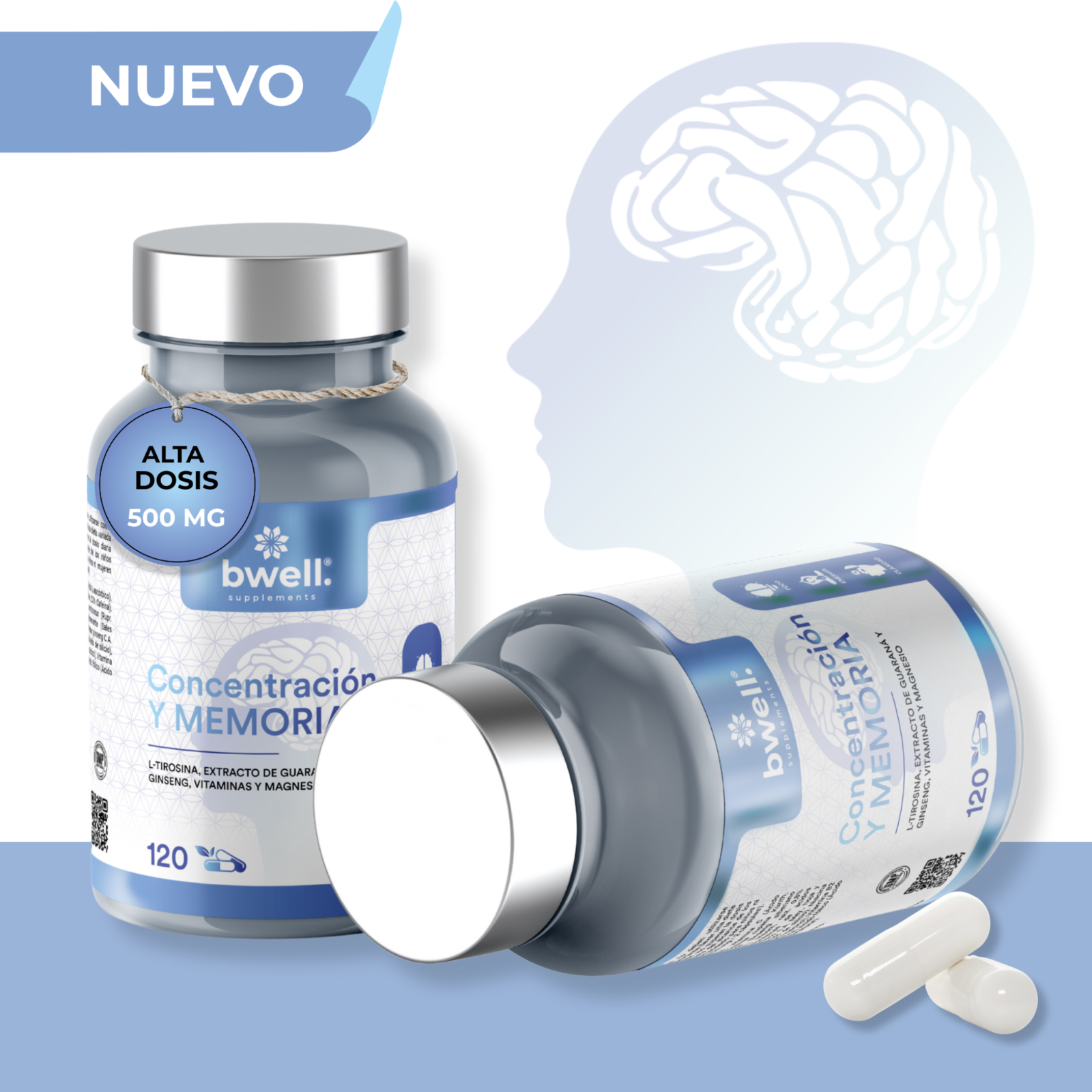 Concentración y Memoria | Guaraná 100mg & Ginseng 50mg + L-Tirosina 500mg - 120 cápsulas