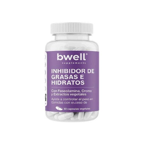 Bwell Supplements Inhibidor de Grasas e Hidratos con faseolamina, cromo y extractos vegetales, frasco de 30 cápsulas vegetales