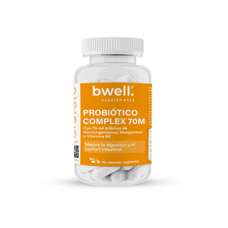 Probiótico Complex 70M -Bwell Supplements- Potente Probiótico 70 mil millones de microorganismos+Glutamina, Manganeso y Vitamina B6- Recupera tu flora intestinal y refuerza tus defensas -1 cápsula/día